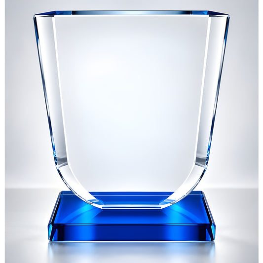 Elegant clear glass award plaque with blue base, 13.5 cm tall.