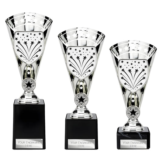 Three silver multisport trophies with star design and engraving plate