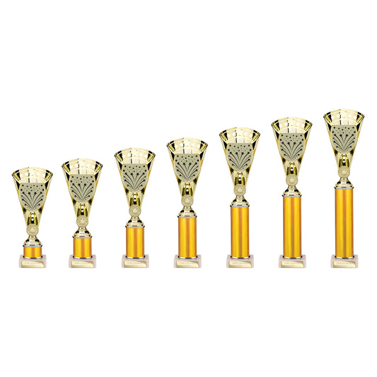 Set of gold multisport trophies in various heights with engraved cups