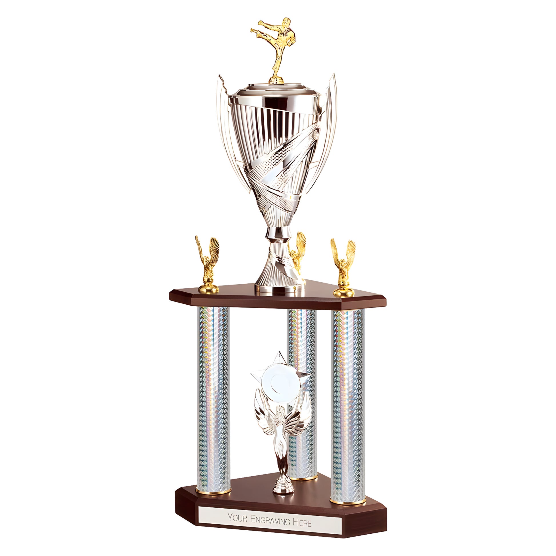 Gold karate trophy with silver eagles and columns, 585mm tall.