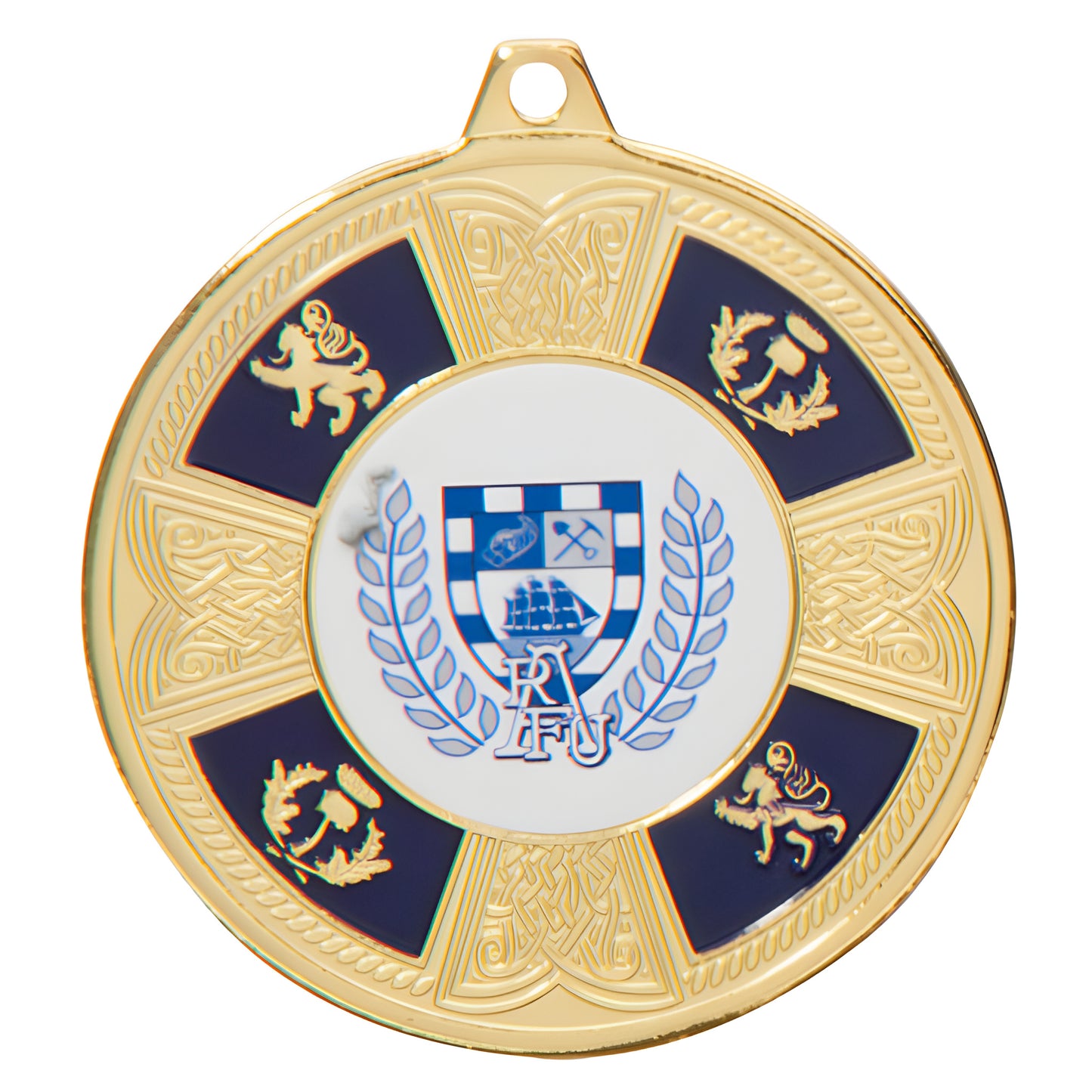 Gold medal with blue and white crest emblem design.
