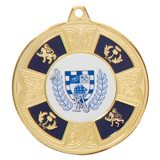 Gold medal with blue and white crest emblem design.