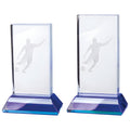 Crystal soccer player award trophy on blue base