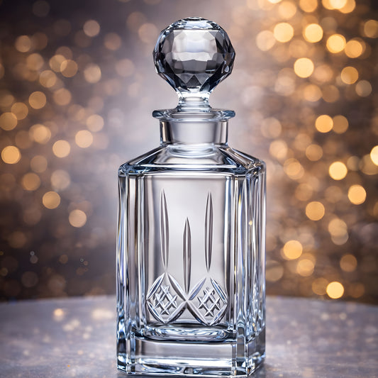 Crystal whiskey decanter with panelled design on bokeh background.