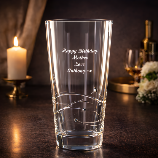 Crystal vase with spiral design engraving, personalized for birthday gift.