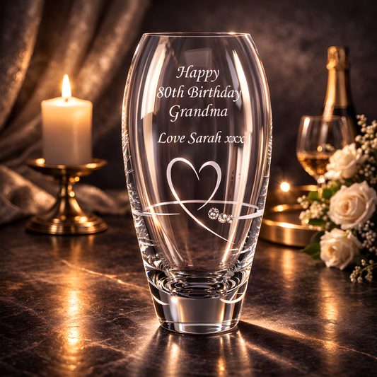 Engraved crystal vase with heart design and 'Happy 80th Birthday Grandma' inscription.