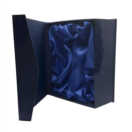 Open wine presentation box with luxurious blue satin lining.