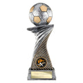 Antique silver and gold football trophy with engraving area and soccer shield design.