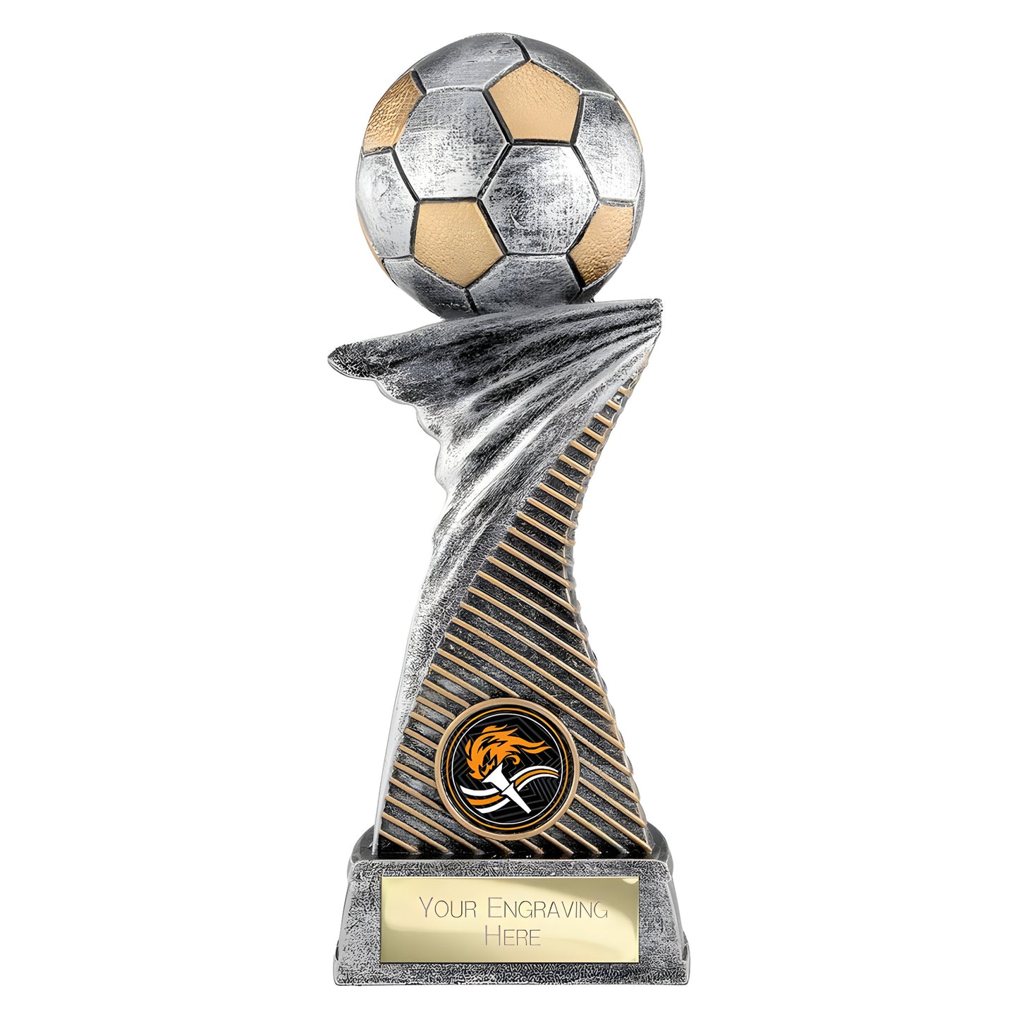 Antique silver and gold football trophy with engraving area and soccer shield design.