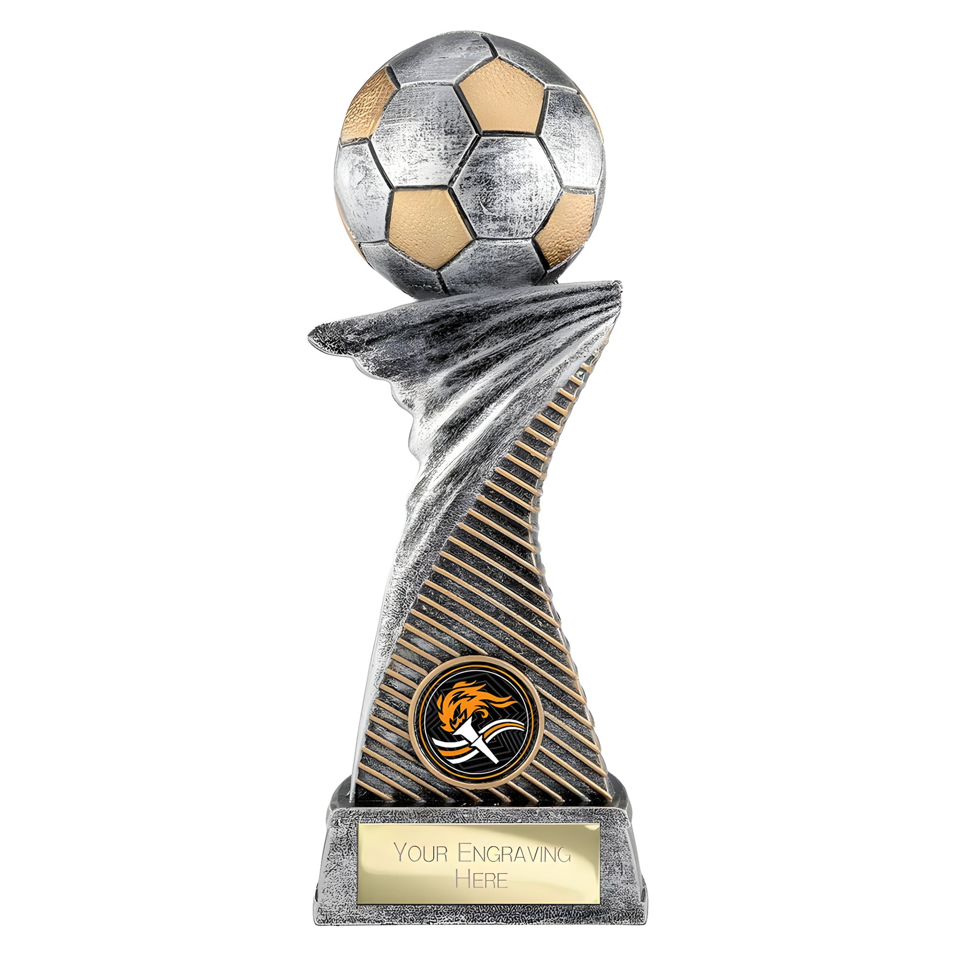 Antique silver and gold football trophy with engraving area and soccer shield design.