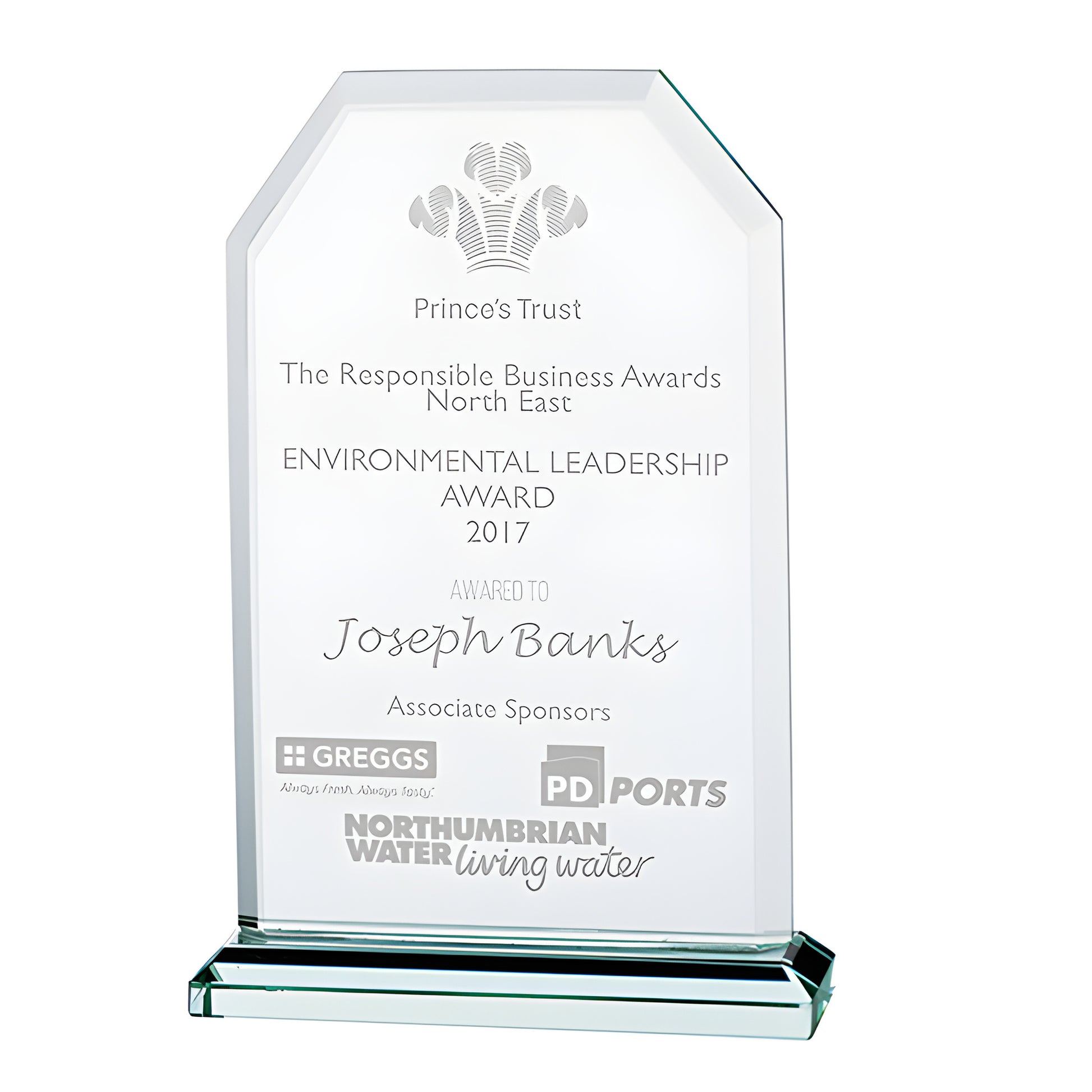 Jade glass award for 2017 Environmental Leadership from Prince's Trust