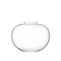 Round clear glass tabletop vase with a curved design for floral arrangements.