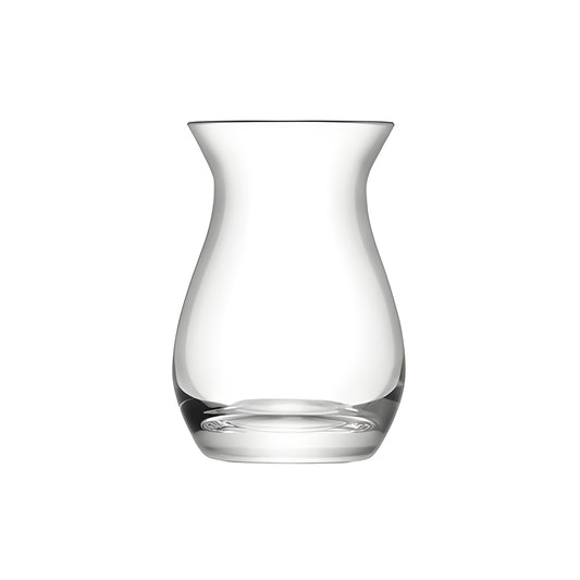 Clear glass vase with a simple, elegant design for flowers.