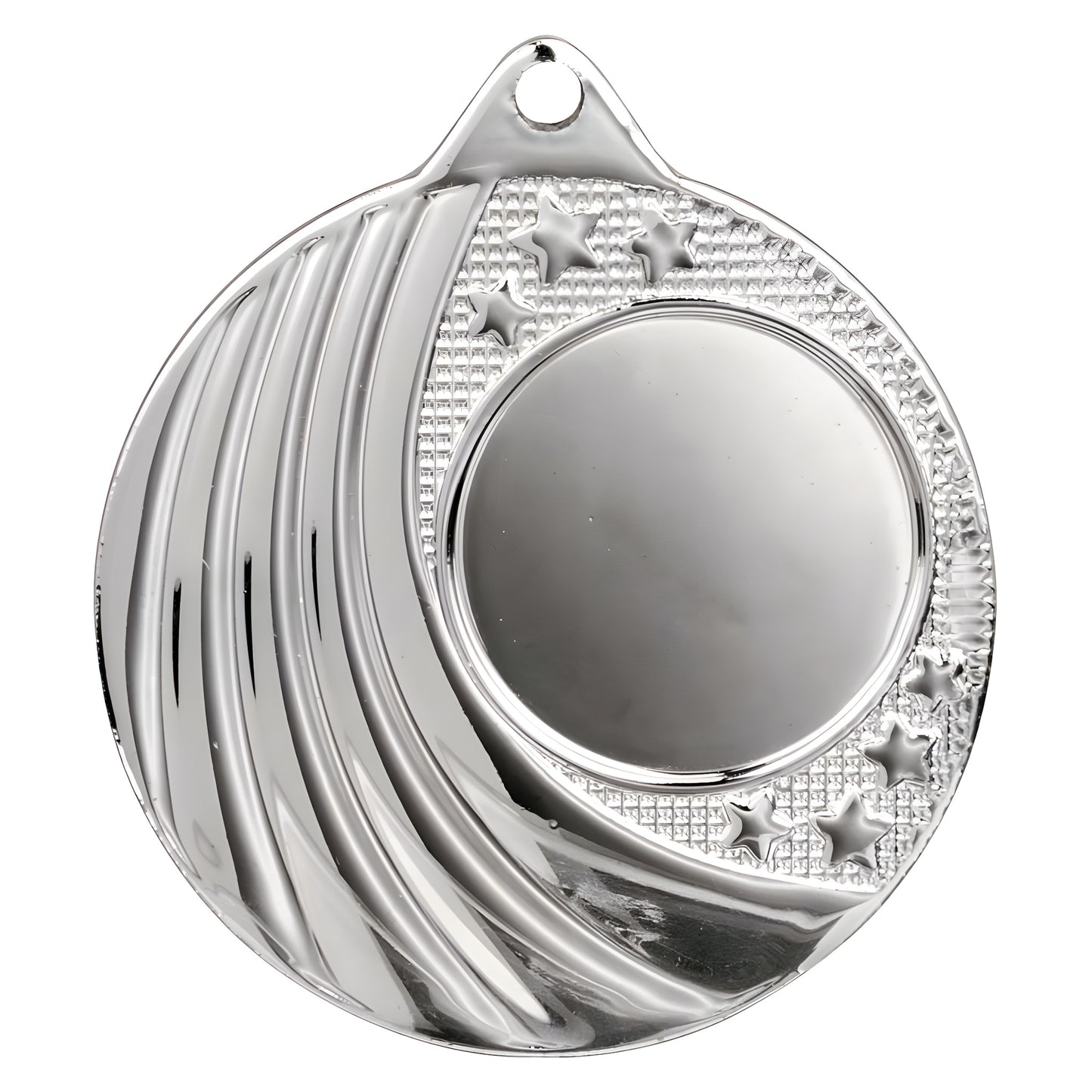 Silver circular medal with star embossed design on edge.