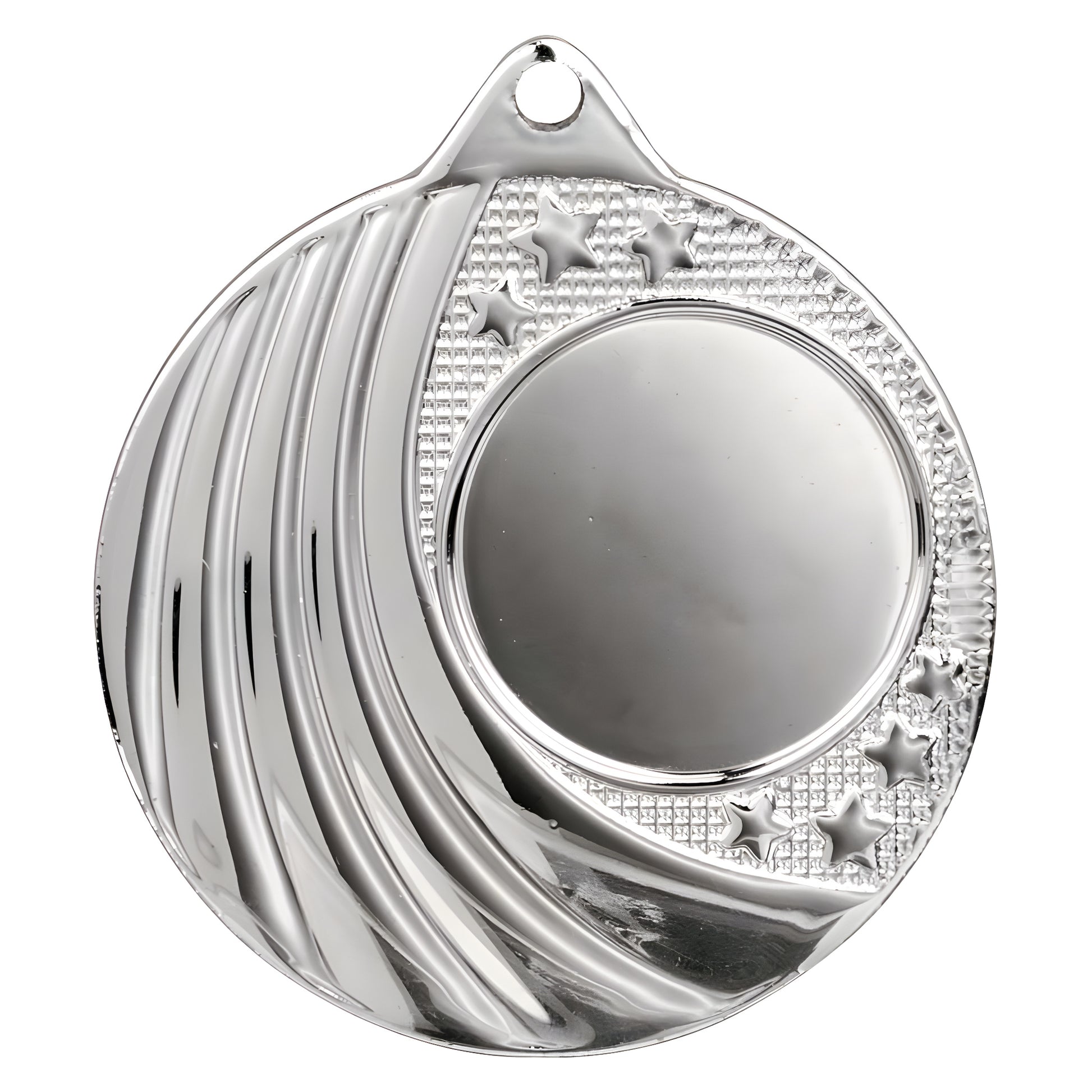 Silver circular medal with star embossed design on edge.