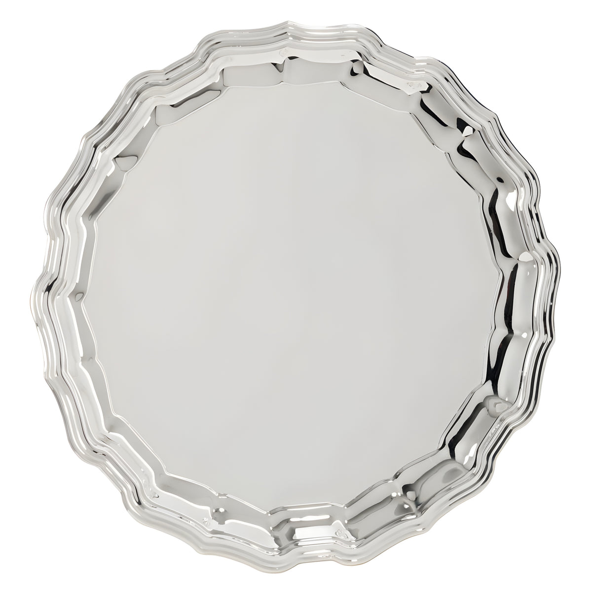 Round silver salver with decorative edges.