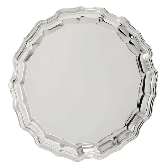 Round silver salver with decorative edges.