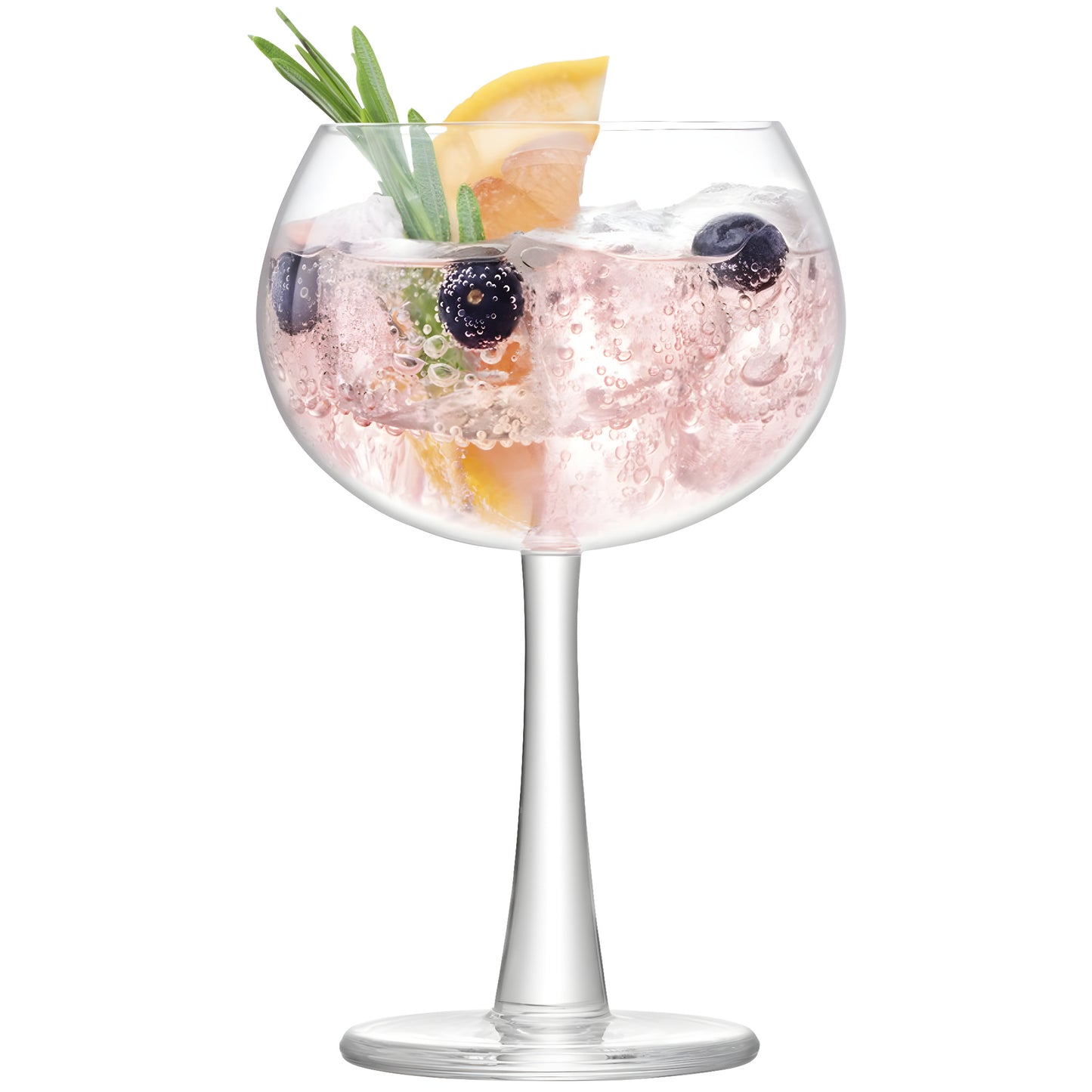 420ml gin glass with pink gin tonic, rosemary, blueberries, and lemon slice.