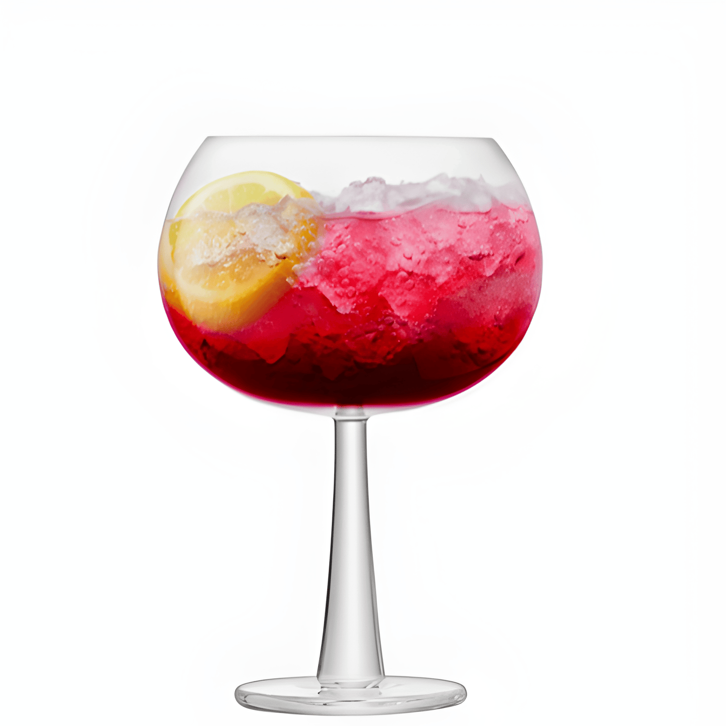 Large balloon glass with red gin cocktail, lemon slice, and crushed ice.