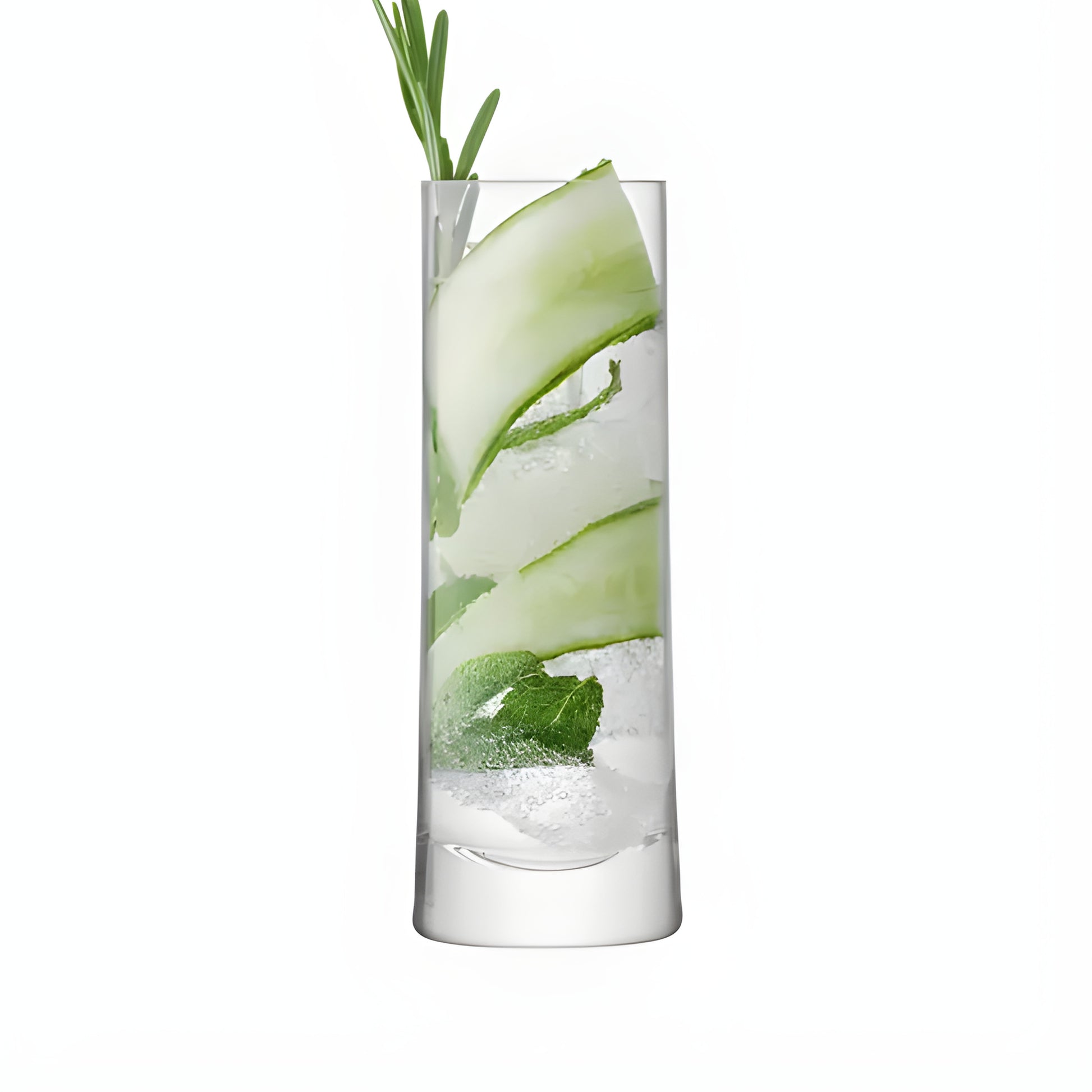 Tall clear glass with gin cocktail, garnished with cucumber and rosemary.