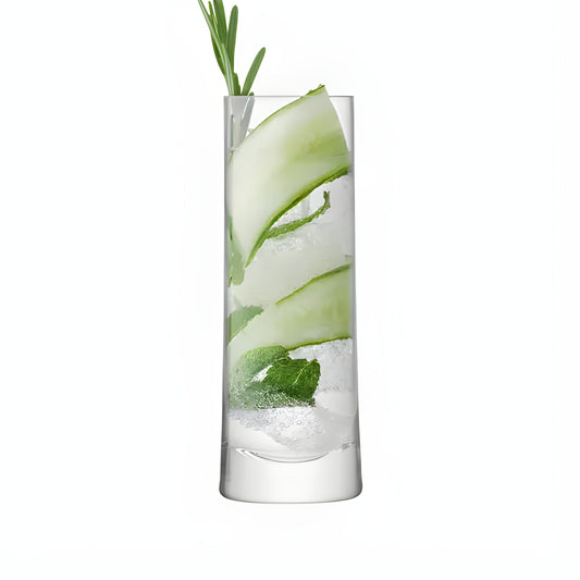 Tall clear glass with gin cocktail, garnished with cucumber and rosemary.