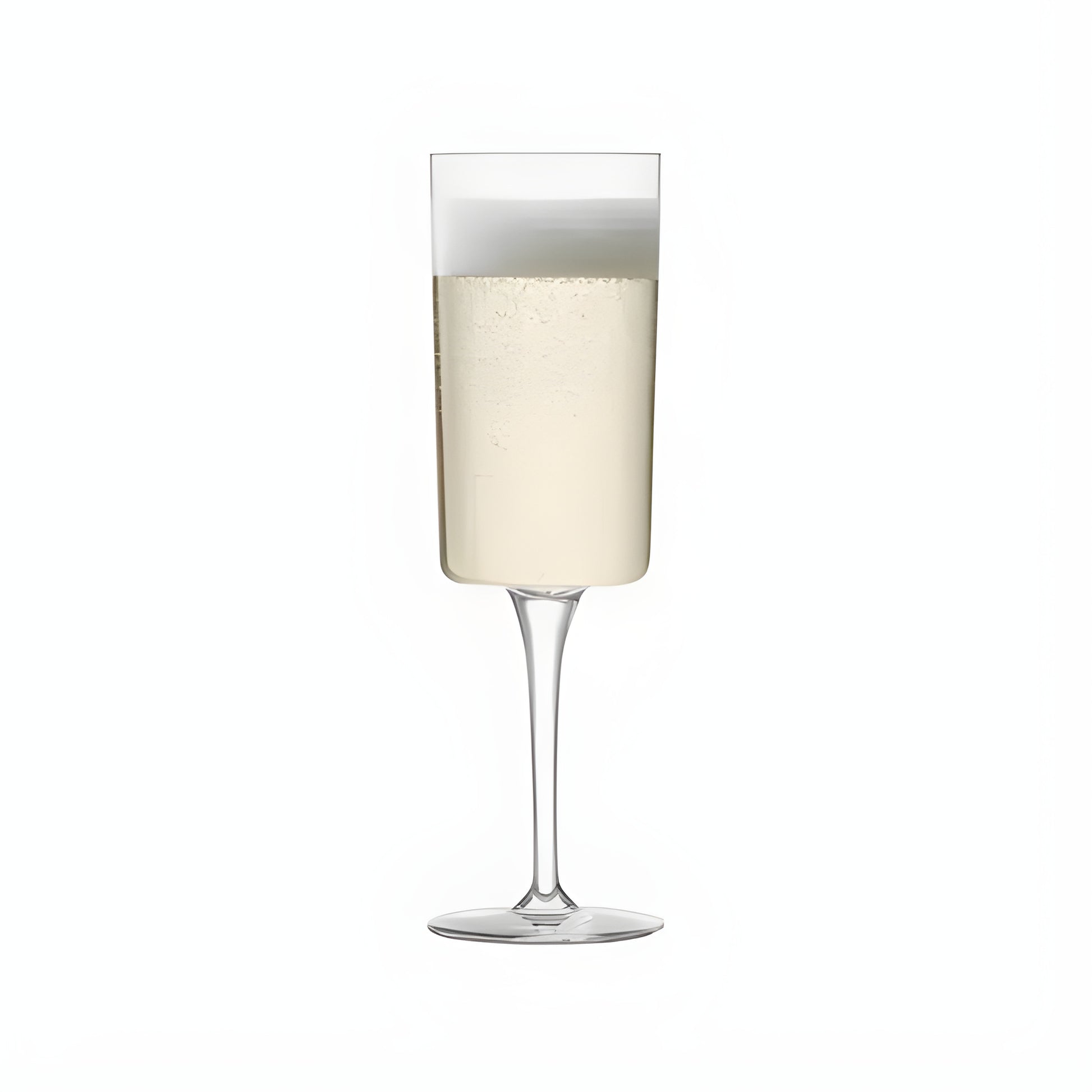 Clear 210 ml champagne flute filled with sparkling wine.