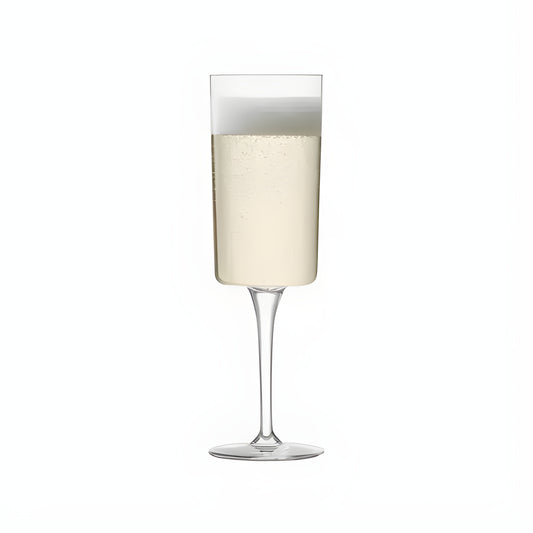 Clear 210 ml champagne flute filled with sparkling wine.
