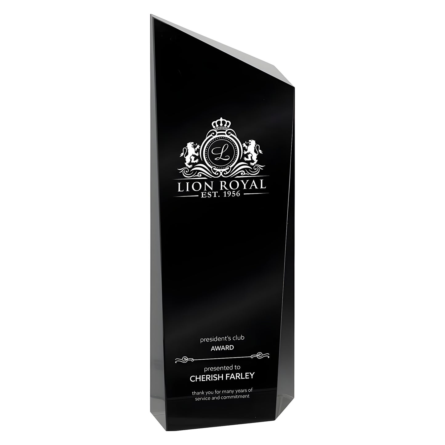 Custom engraved black glass award for president's club presented to Cherish Farley.