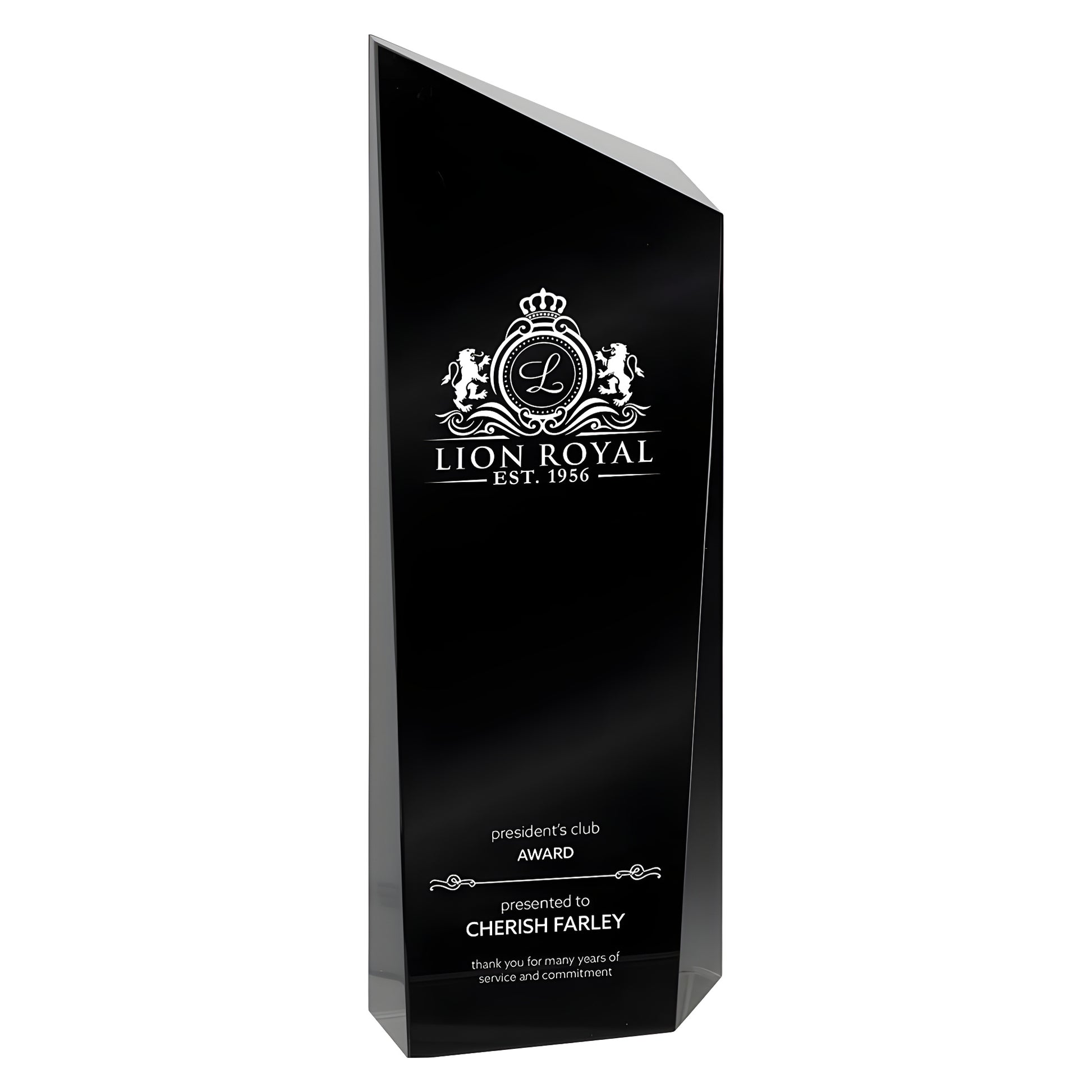 Custom engraved black glass award for president's club presented to Cherish Farley.