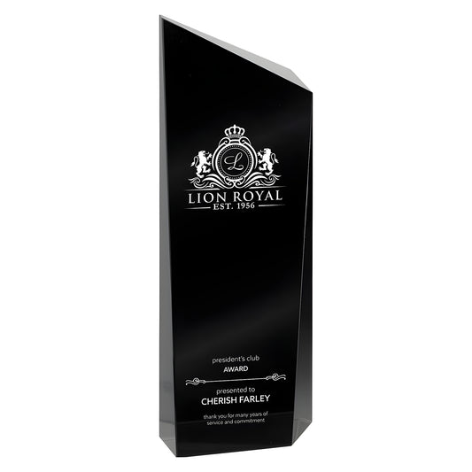 Custom engraved black glass award for president's club presented to Cherish Farley.