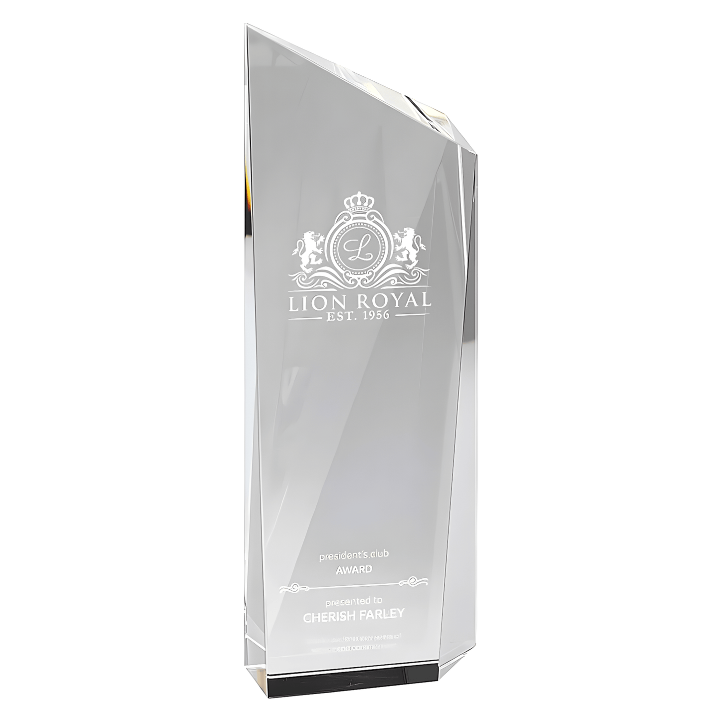 Engraved glass trophy with Lion Royal logo and President's Club inscription.