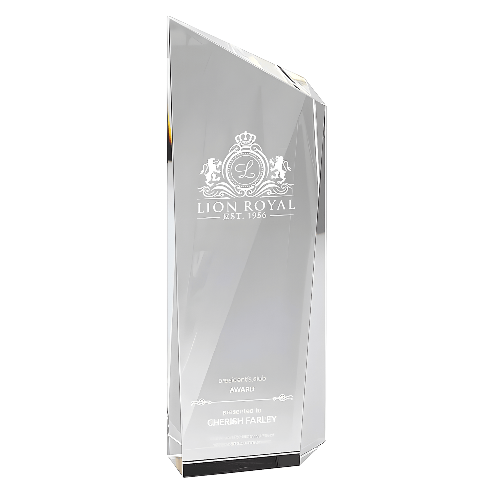 Engraved glass trophy with Lion Royal logo and President's Club inscription.