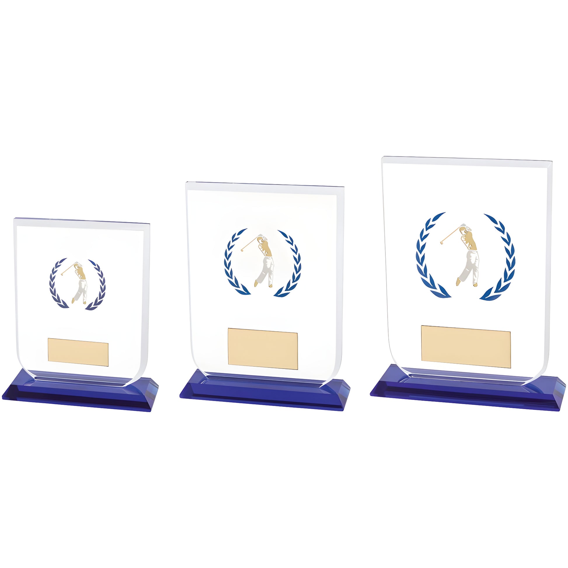 Set of glass golf trophies with blue bases and golfer silhouette.