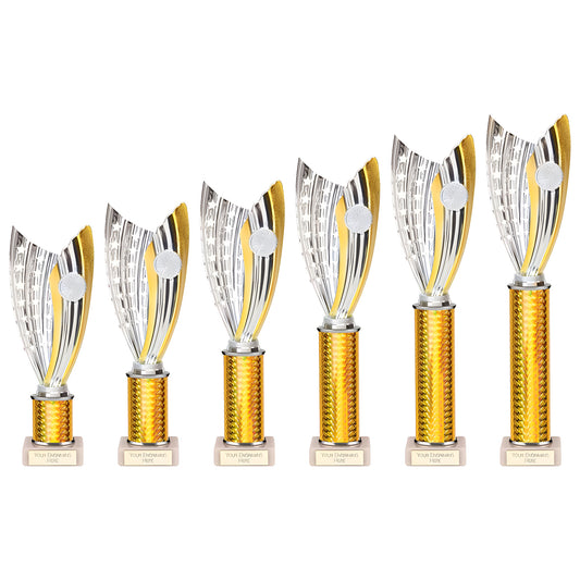 Set of six gold and silver plastic trophies with customizable bases.