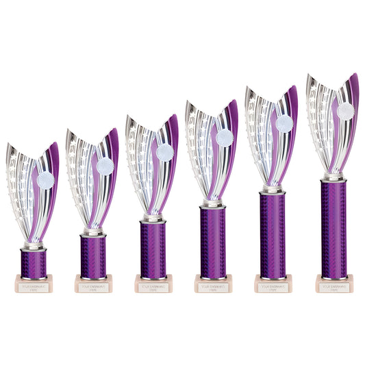 Set of six purple plastic trophies with wave design, 265mm tall.