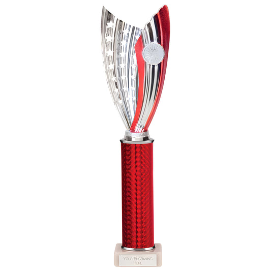 Silver and red plastic trophy with detailed column and custom engraving base.