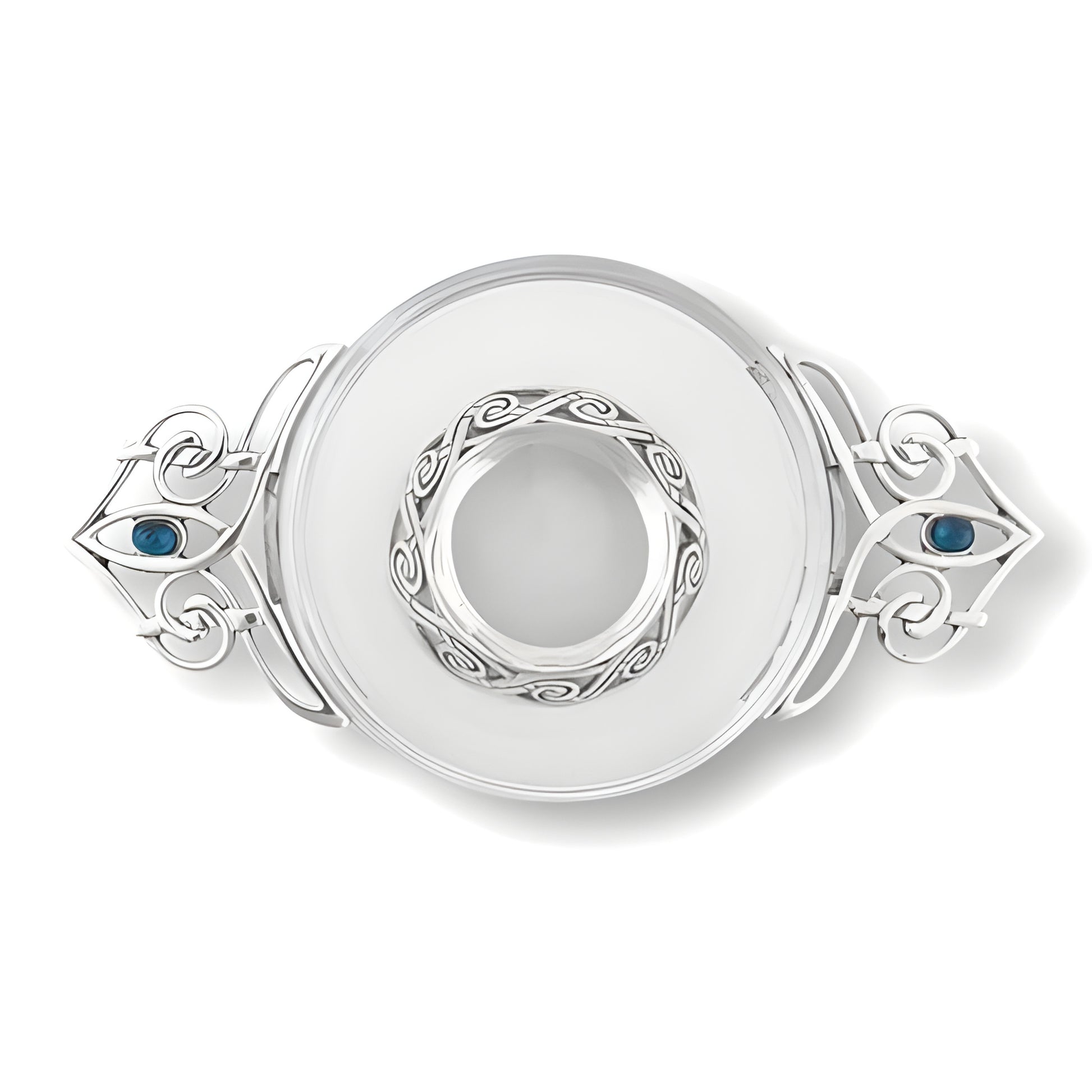 Glass and pewter Celtic quaich bowl with decorative blue stones and intricate handle design.