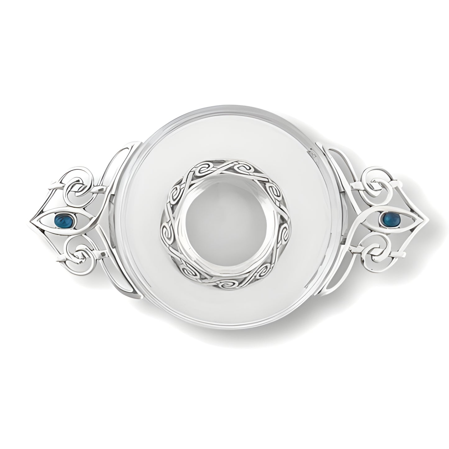 Glass and pewter Celtic quaich bowl with decorative blue stones and intricate handle design.