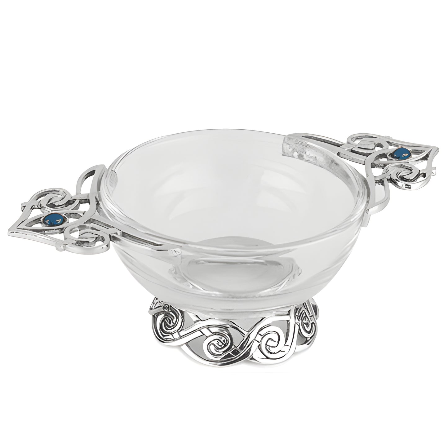 Celtic quaich bowl with glass body and pewter handles featuring blue stones.