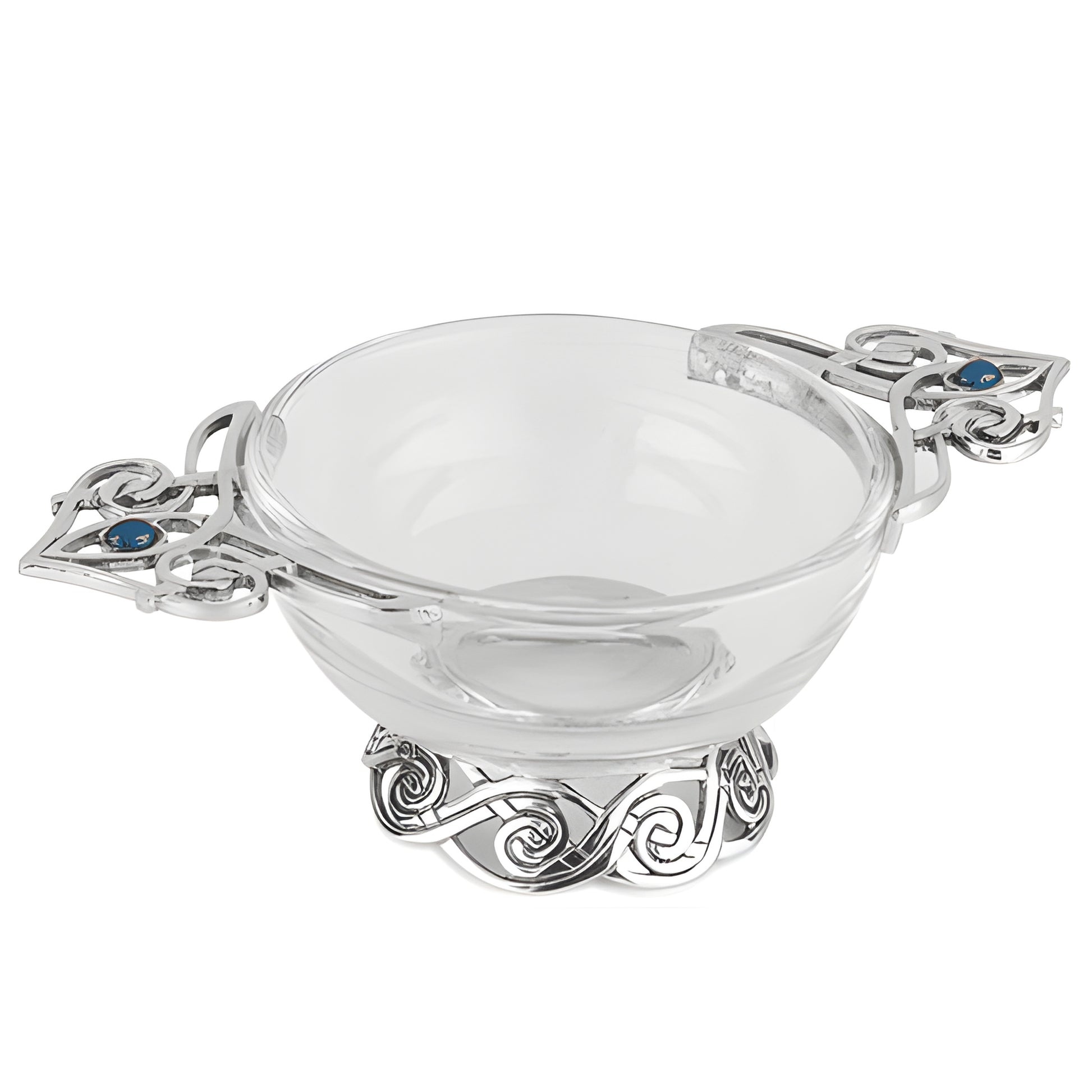 Celtic quaich bowl with glass body and pewter handles featuring blue stones.