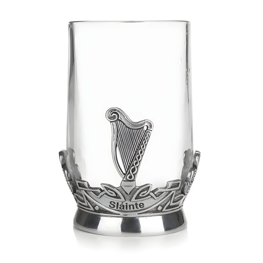Glass tankard with pewter Irish harp emblem and Slainte engraving.