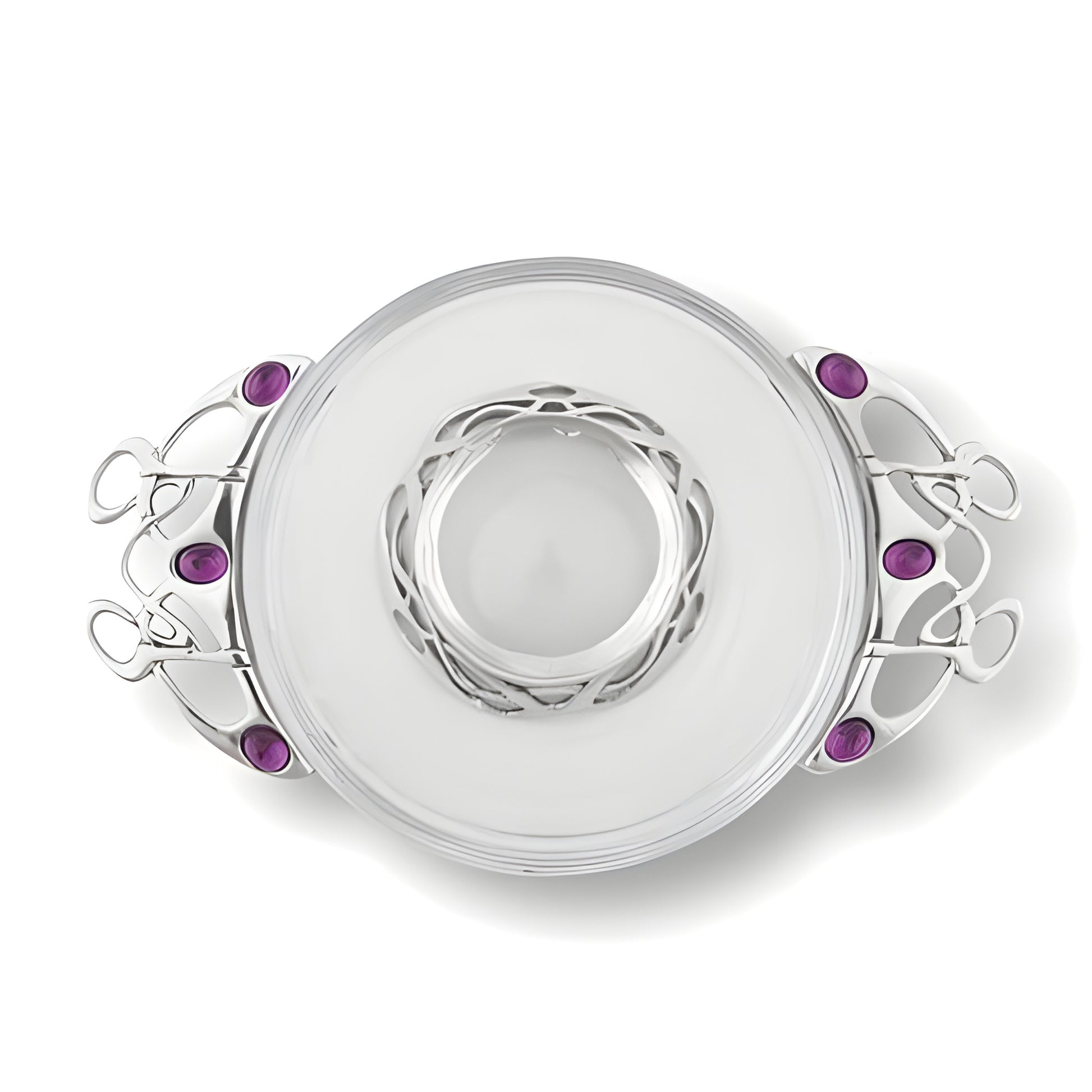 Glass and pewter Celtic quaich bowl with purple stones and ornate handles.