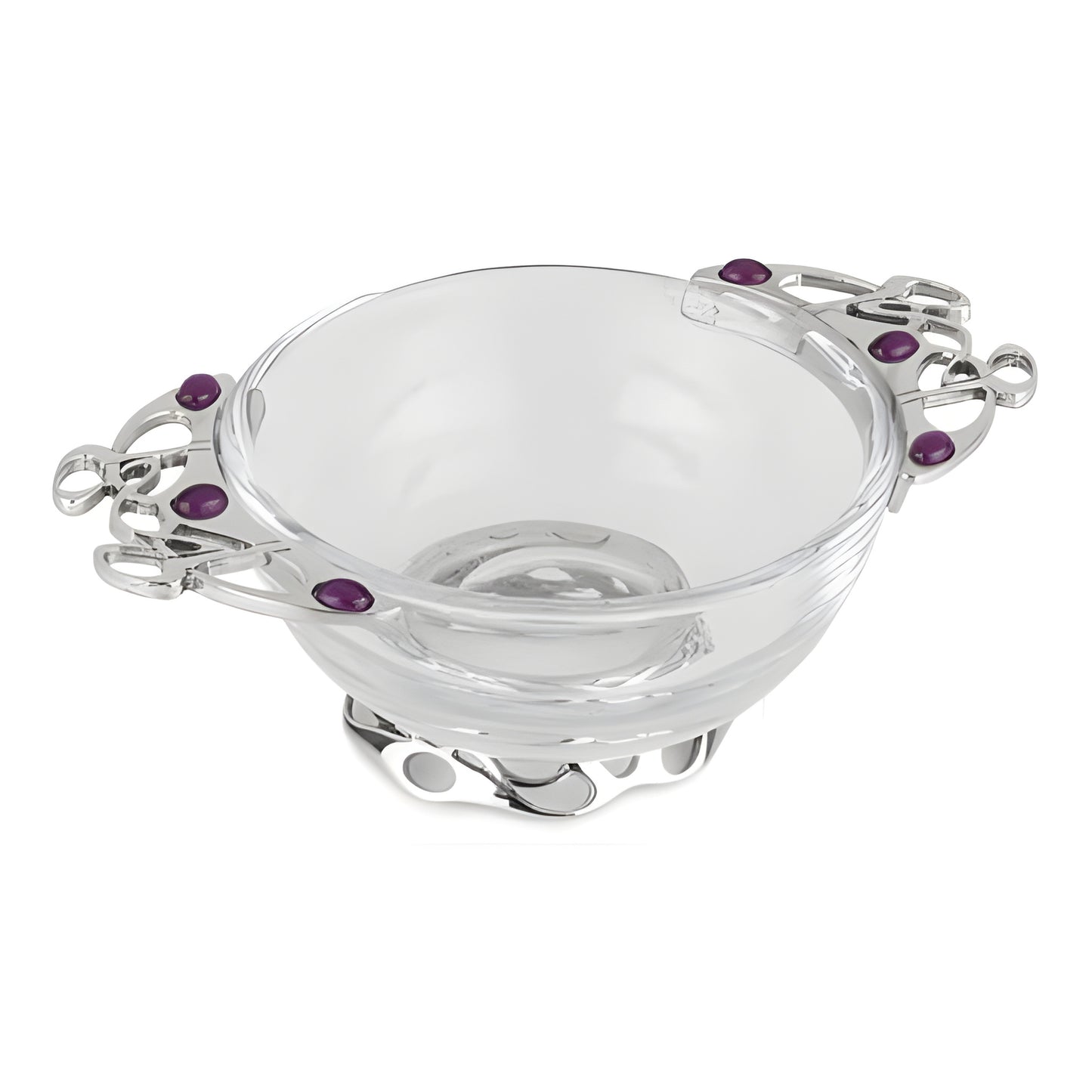 Glass and pewter quaich bowl with purple stones in Celtic design.