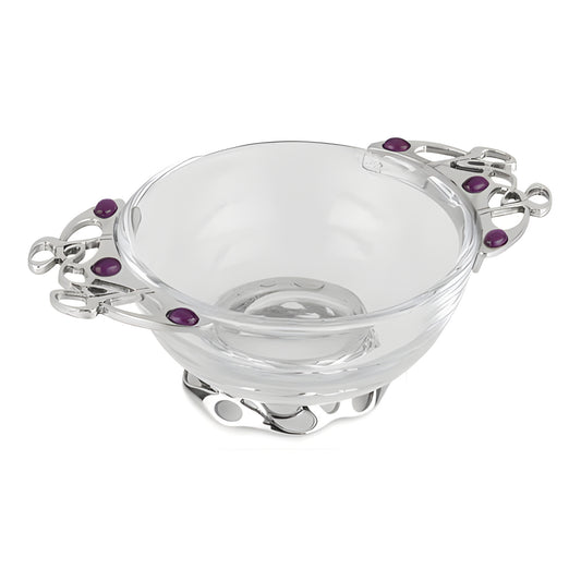 Glass and pewter quaich bowl with purple stones in Celtic design.