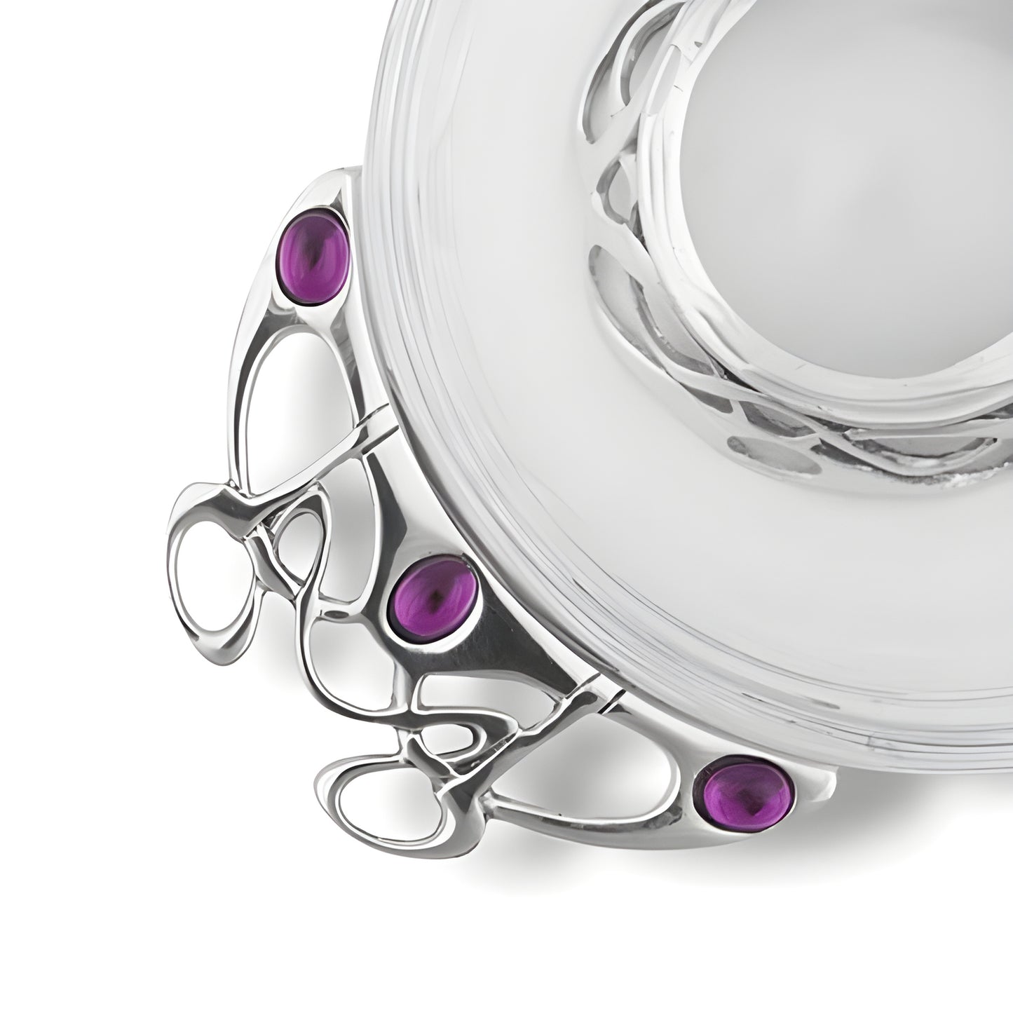 Elegant glass and pewter quaich bowl with purple stones in Celtic design.