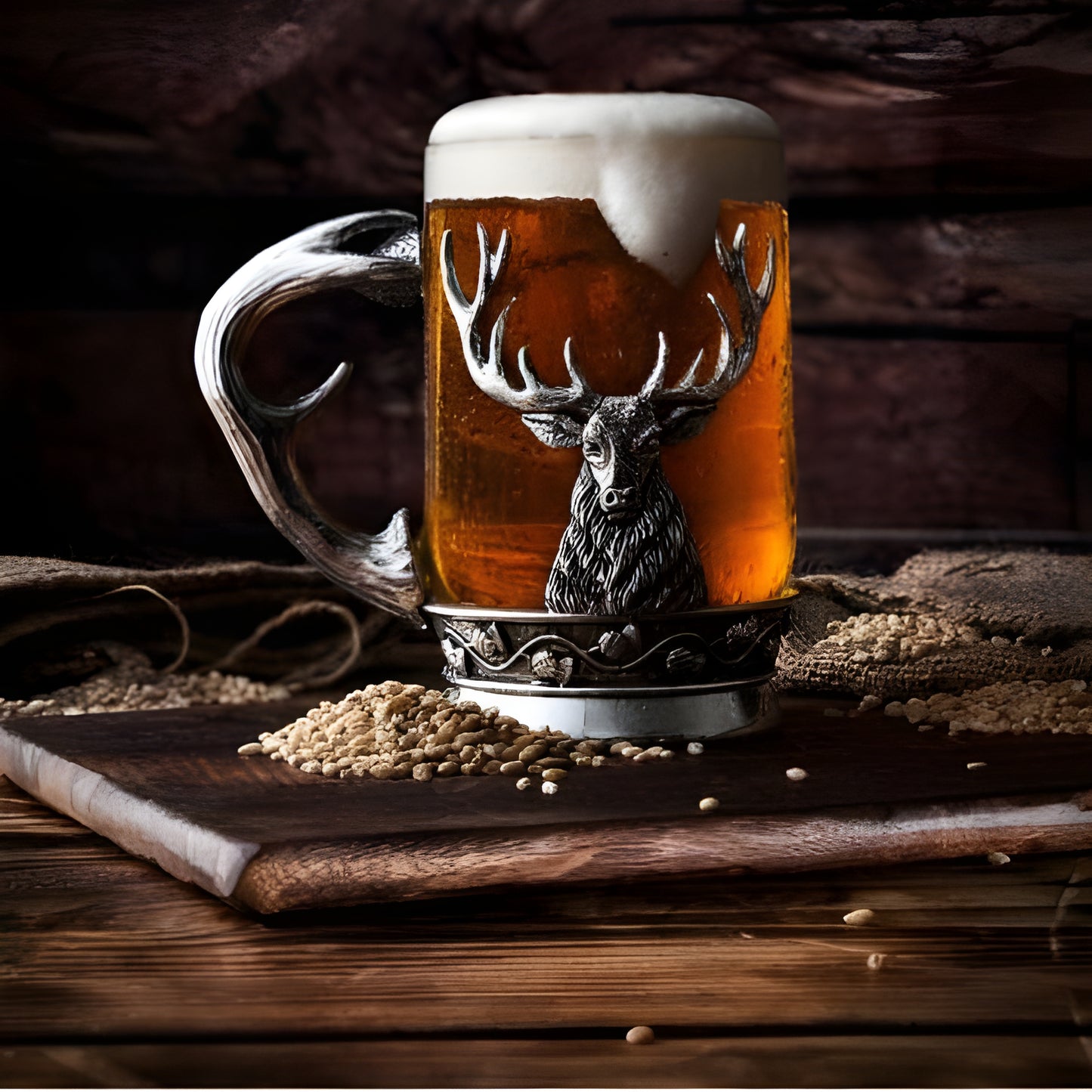 Glass and pewter stag tankard filled with ale on rustic wood board.