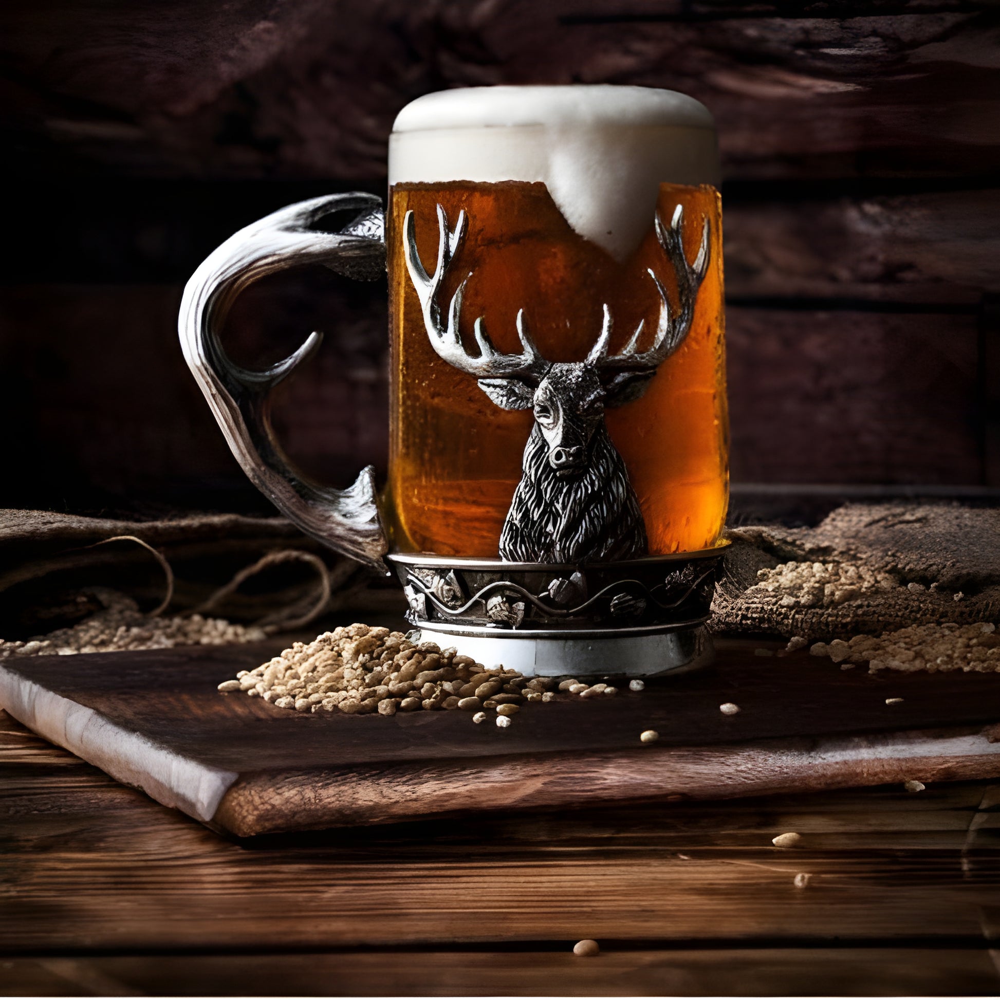 Glass and pewter stag tankard filled with ale on rustic wood board.