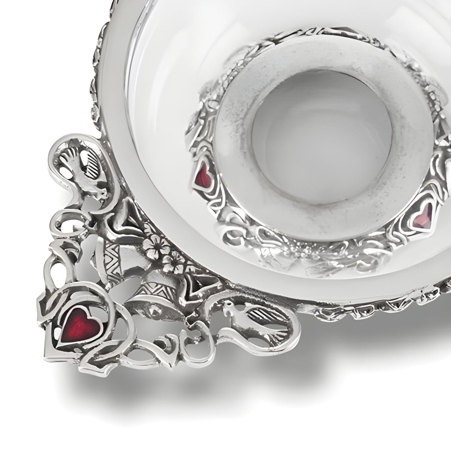 Glass and pewter quaich bowl with intricate Celtic design and red heart accents.