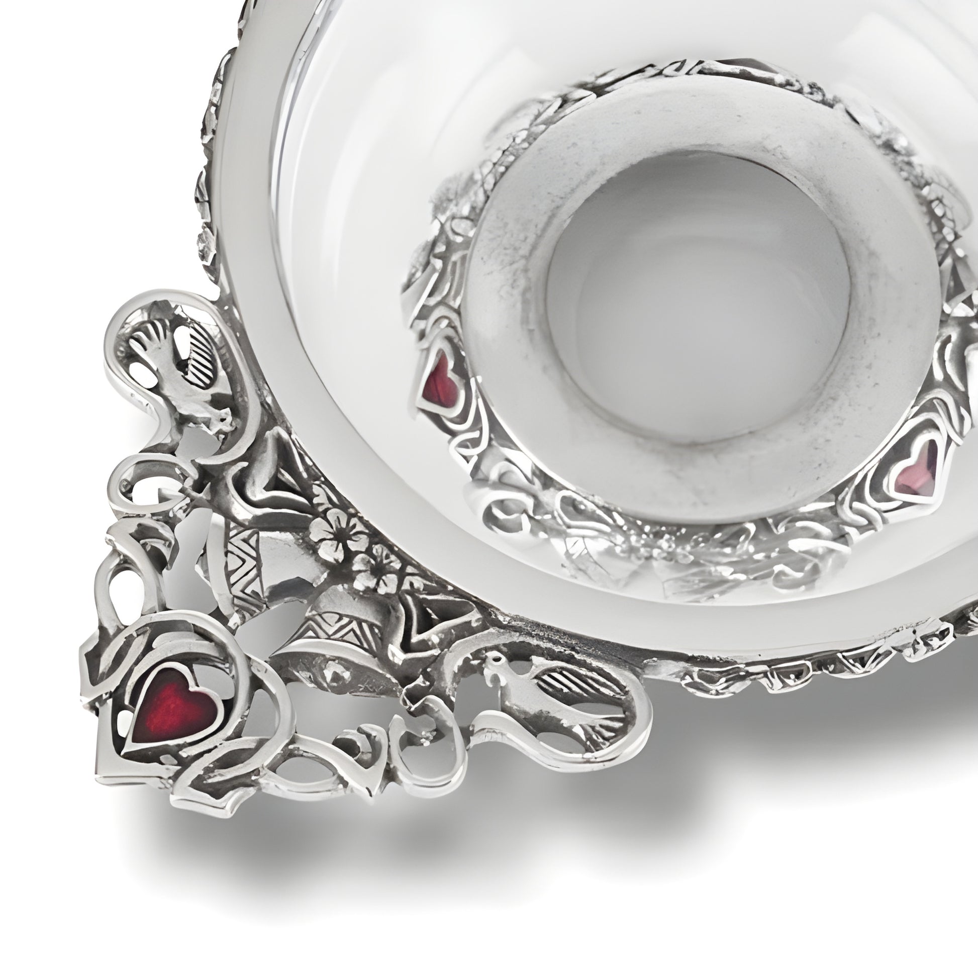 Glass and pewter quaich bowl with intricate Celtic design and red heart accents.