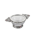 Glass and pewter wedding quaich bowl with intricate heart design.